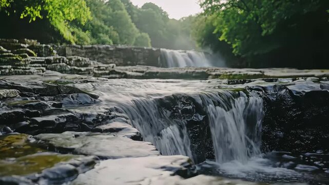 Flowing water over rocks at River Ure in tranquil natural setting, Out of focus shot of the river ure going over rocks at Aysgarth falls, Yorkshire dales
