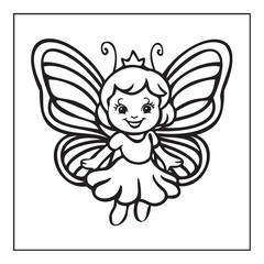 Fototapeta premium Cute Butterfly Fairy with Crown, Cartoon Coloring Page Illustration