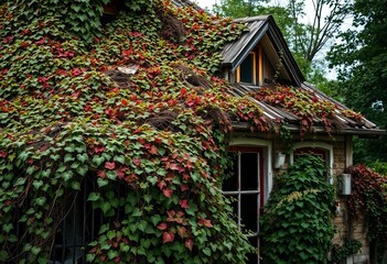 Overgrown ivy and weeds blanket a dilapidated house roof,  shingles,  ivy