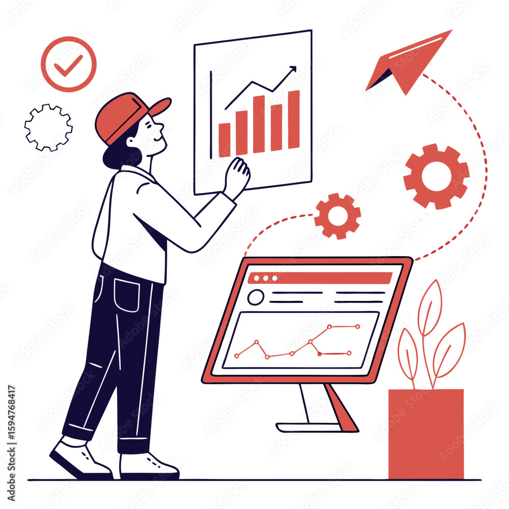 Poster woman analyzing data charts on computer screen with red accents