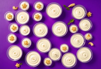 Several creamy yogurts in plastic cups arranged artfully on a vibrant violet background, texture, purple