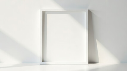 Empty white vertical photo frame on beige wall on the table. Portrait format. Poster mockup design. Clean modern picture frame. Indoor interior decor. Sunlight window shadows. Ivory color.