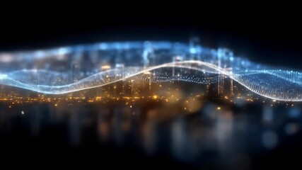 Abstract Digital Cityscape with Blue Data Waves and Glowing Lights Futuristic Urban Skyline in Black Background - Powered by Adobe
