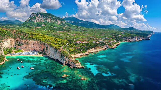 Aerial view of Gerakas beach on Zakynthos island showcasing turquoise waters and green cliffs, Zakynthos island Gerakas beach aerial panorama Vacation and travel in Greece
