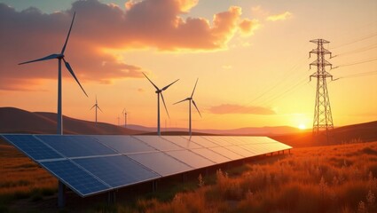 Solar Panels Wind Turbines and Power Lines at Sunset Renewable Energy Concept 2