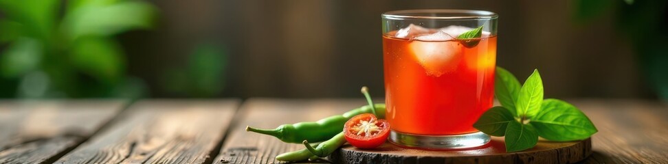 Vibrant Thai herbal hot pea juice, glass on wood , juice, pea flower, indigo