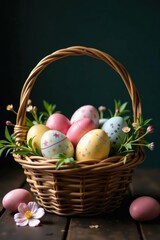 Fototapeta premium Vintage-style Easter eggs nestled in a woven basket with delicate spring blossoms against a dark backdrop , vintage, photography, top view