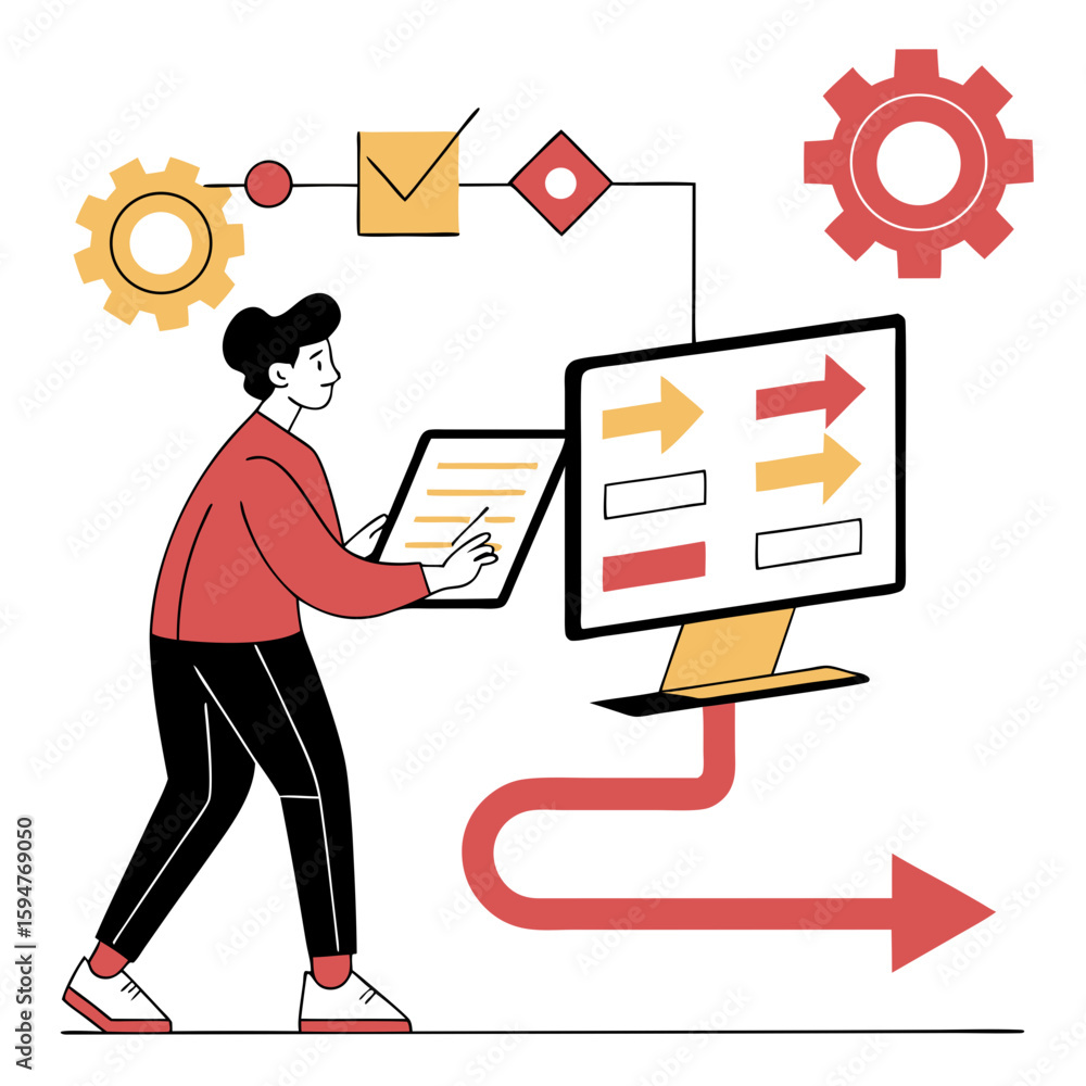 Poster woman managing workflow process on computer screen