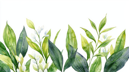 Watercolor botanical illustration featuring various green leaves and delicate white flowers, creating serene and natural