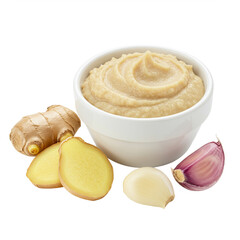 Fresh ginger paste in a white bowl with whole ginger garlic clove and slice Isolated on transparent background