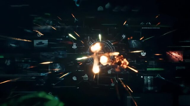 Futuristic interface with vehicles and digital graphics in dark environment