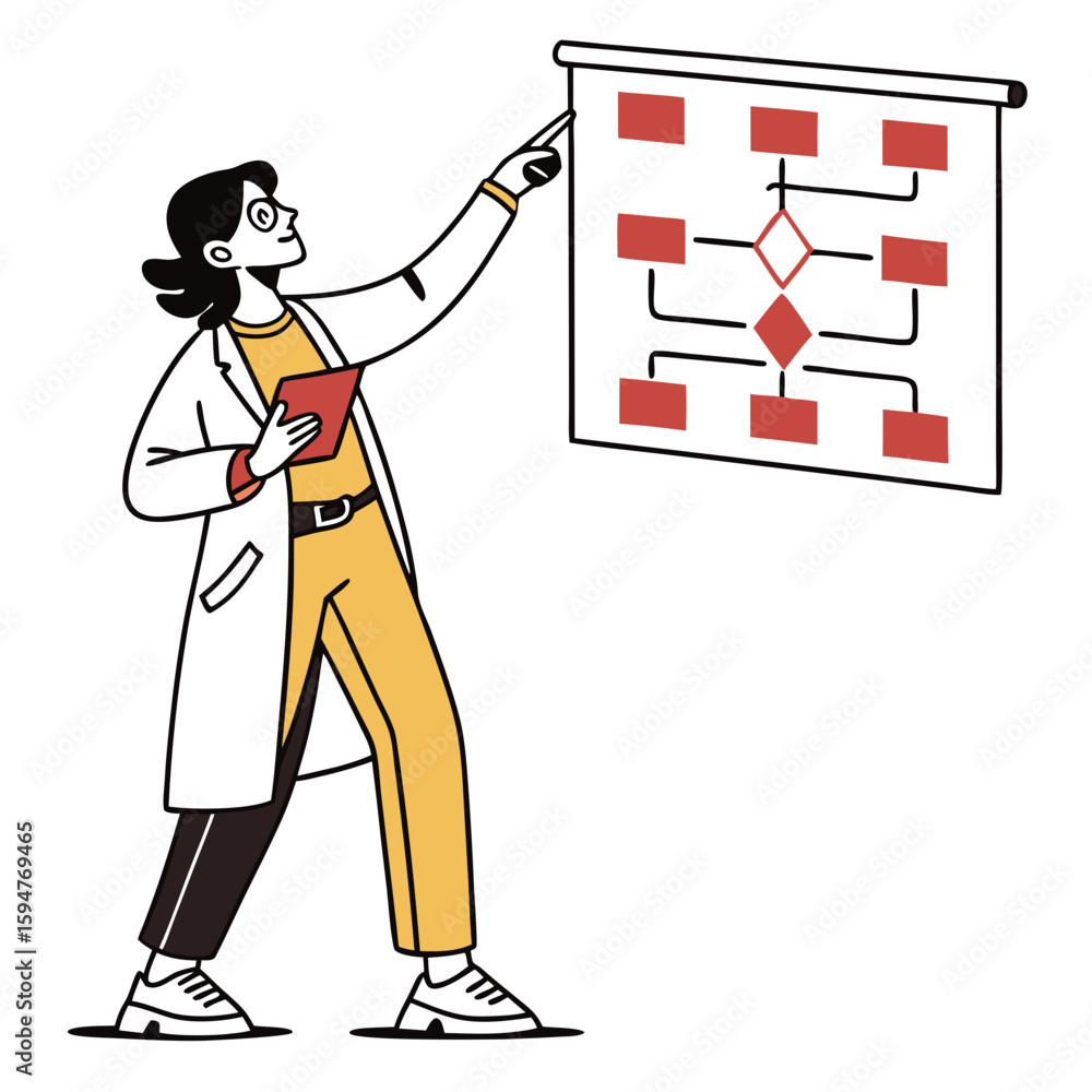 Poster woman scientist presenting flowchart diagram during a science presentation