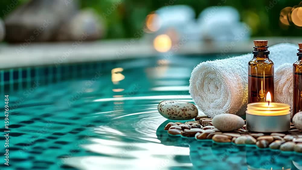 Poster relaxing spa setting with aromatherapy candles and essential oils by a tranquil pool, spa background