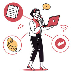 Woman Using Laptop and Headset Providing Customer Service