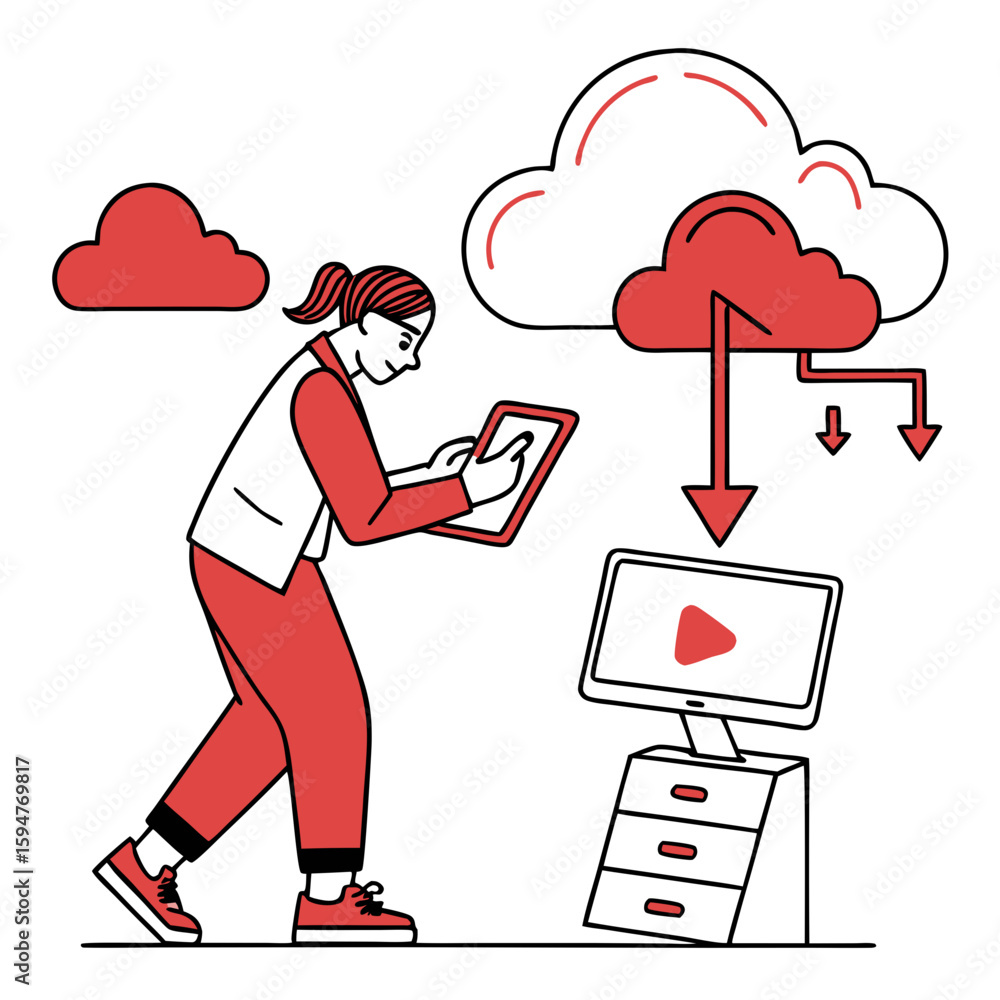Poster woman using tablet to stream data from cloud to computer