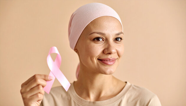 woman in headscarf with pink ribbon, breast cancer awareness month