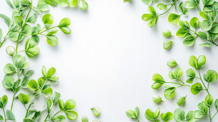 Fresh green leaves frame light background, creating serene and natural atmosphere. vibrant foliage adds touch of tranquility