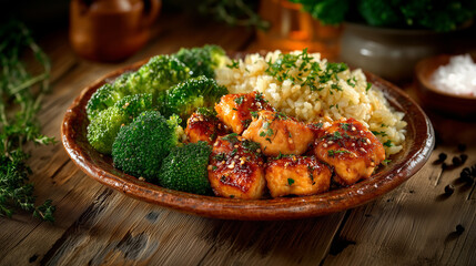 Fototapeta premium A dish with fried chicken in teriyaki sauce, rice and green broccoli, garnished with herbs and sesame seeds. 