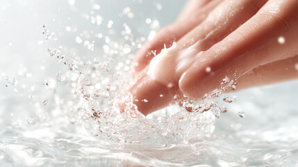 Fototapeta premium Gentle hand splash in crystal clear water shimmering drops scatter around soft creamy smear skin care concept