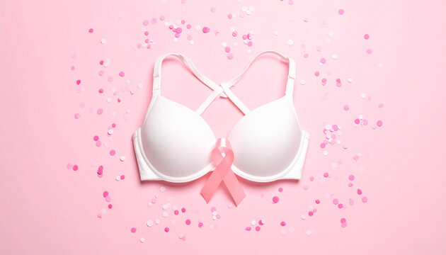 White bra with pink ribbon, breast cancer awareness month