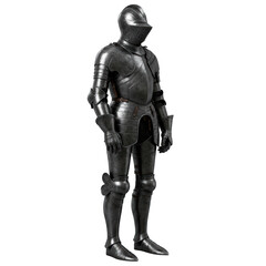 Highly polished, dark steel medieval knight's armor with ornate details, standing in a dignified, imposing pose against a transparent studio background, ultra realistic product photography style,