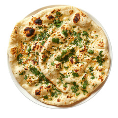 Freshly Baked Garlic Naan Bread Topped with Cilantro on a White Plate on transparent background