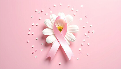 White flower with pink ribbon, breast cancer awareness month