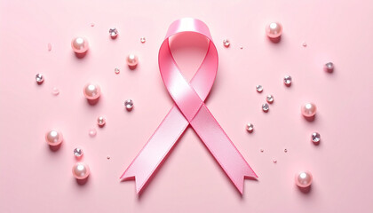 pink ribbon on a pink background with pearls, breast cancer awareness month
