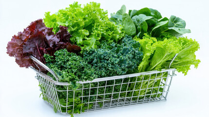 Fresh wire basket with kale, lettuce, and spinach creates vibrant display of greens, perfect for healthy meals