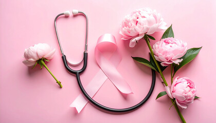 Background with stethoscope with pink ribbon, breast cancer awareness month