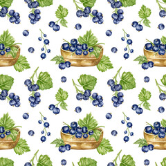 Seamless pattern with black currant, green leaves, and a basket of berries. Watercolor botanical background for summer textiles, wrapping paper, and stationery. Packaging for tea and vitamin products.