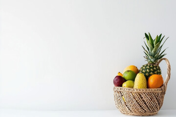 Wooden basket overflowing with fresh fruits like pineapple, oranges, and lemons creates vibrant and inviting display