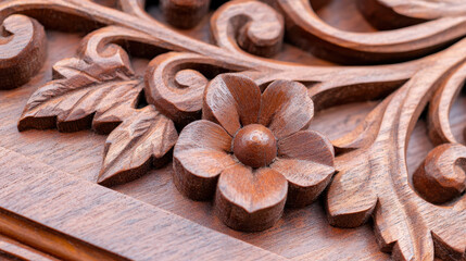Intricate woodwork craftsmanship showcasing beautifully carved flower and leaves, highlighting artistry and detail involved