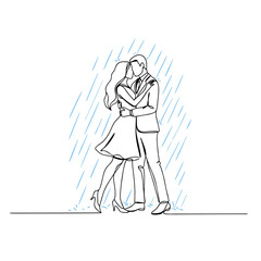 Couple kissing under rain while embracing in a romantic setting  