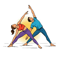 Yoga couple practicing poses together with vibrant colors and energy  