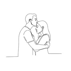 Couple embracing while sharing a kiss on the forehead in line art  
