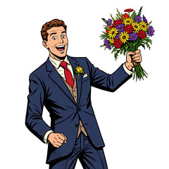 Man in suit smiling while holding colorful bouquet of flowers  