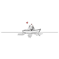 Couple enjoying a romantic boat ride on calm water with heart symbols  