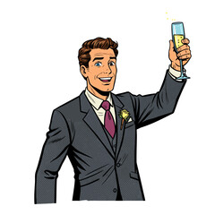Cheerful man in suit toasting with champagne glass at celebration  