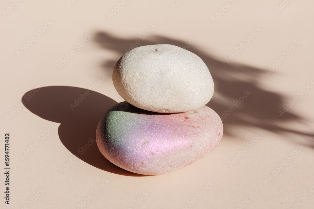 Poster two smooth pastel stones stacked on light beige surface with soft shadow, creating calm and balanced