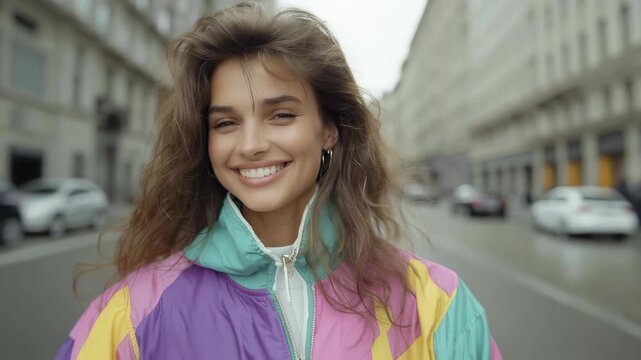 A striking young woman showcases vibrant 90s outerwear while walking confidently along a bustling street in rainy weather. Her expressive style captures the essence of the decade