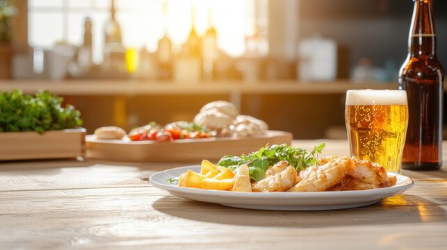 Golden fried fish and chips with fresh arugula are beautifully presented on a white plate with beer on a wooden table in a sunlit restaurant kitchen.