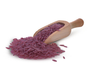 Integral, brown rice in wood spoon pile isolated on  transparent.