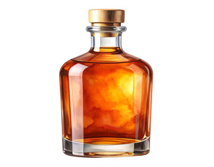 Watercolor Illustration of Whiskey Bottle with Rich Amber Liquid, isolated PNG