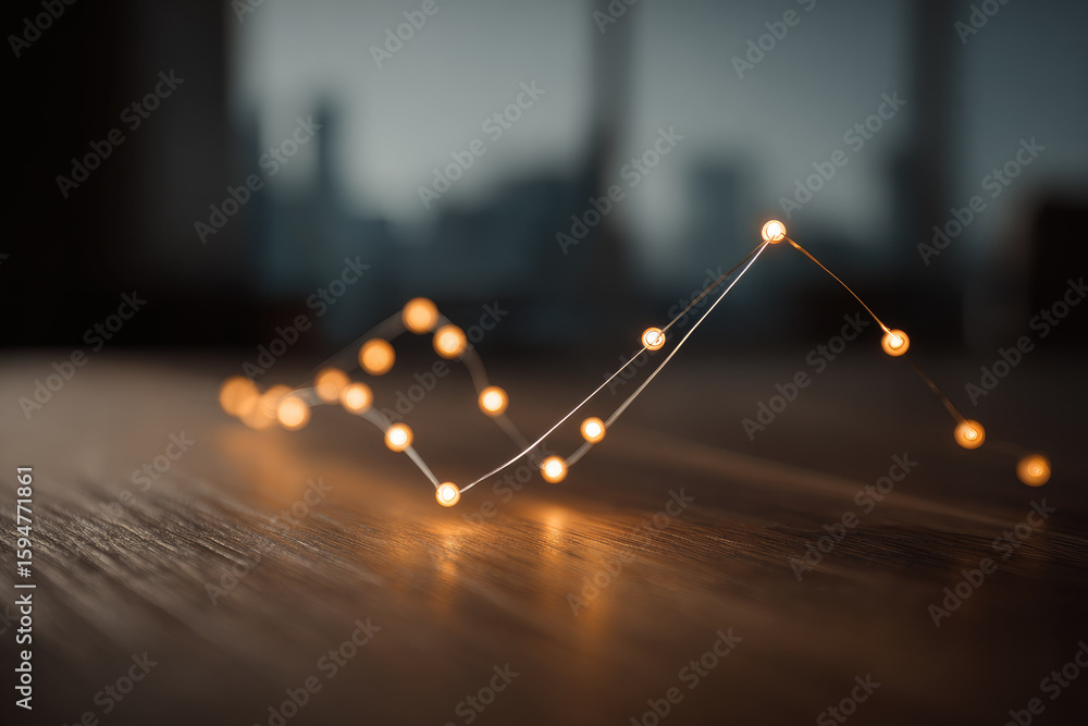 Poster soft blurred light curve crossing wooden tabletop, warm glowing string lights create abstract patter