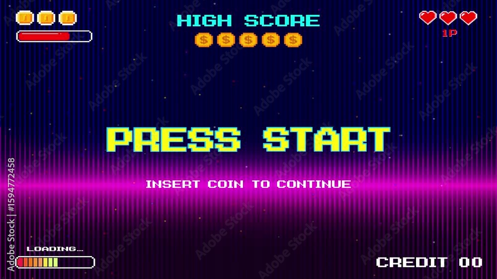 Poster press start. insert a coin to continue. pixel art. 8 bit game. retro game. for game assets. retro fu
