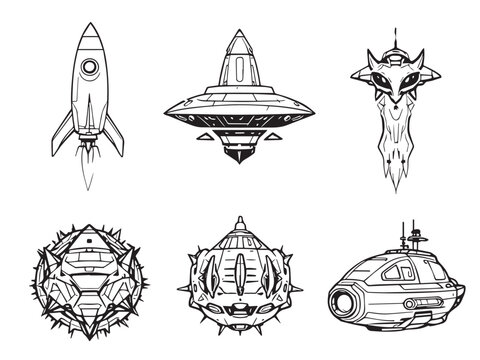 Spaceship simple line art collection