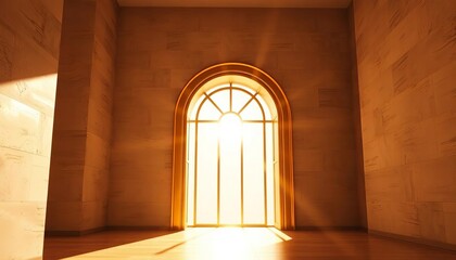 Naklejka premium Sunlit modern room, golden archway detail, textured walls, contemporary, sophisticated