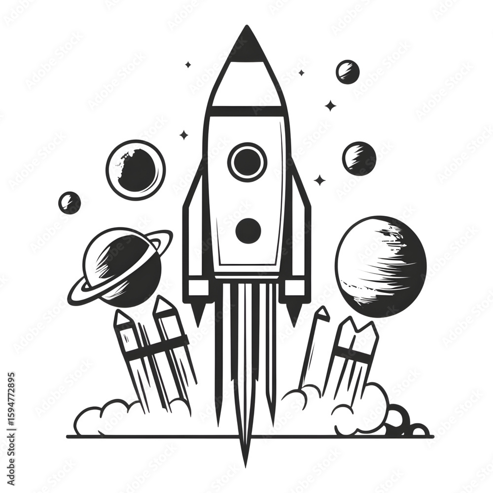 Poster rocket launching into space outer space graphic art cosmic environment dynamic viewpoint