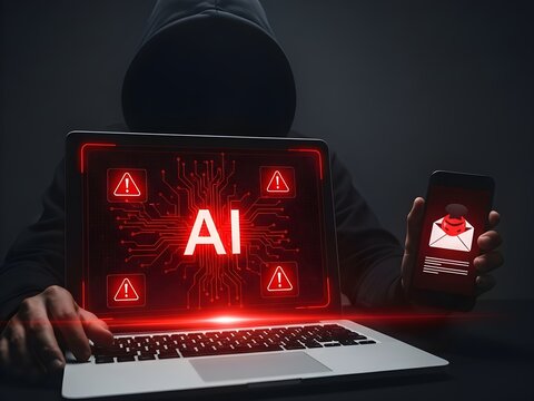 Smartphone shows phishing email alert, while laptop screen reveals AI data breach warning. Scene reflects dangers of AI-driven cybercrime, deepfake manipulation, online fraud.